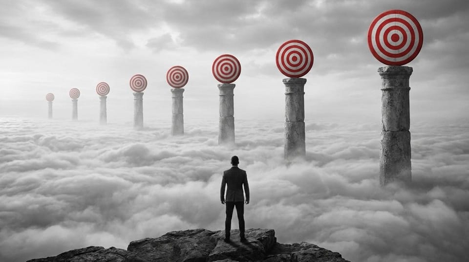 Person standing above the clouds, facing stone pillars topped with red targets, symbolizing goal setting, steady progress, and long-term success.