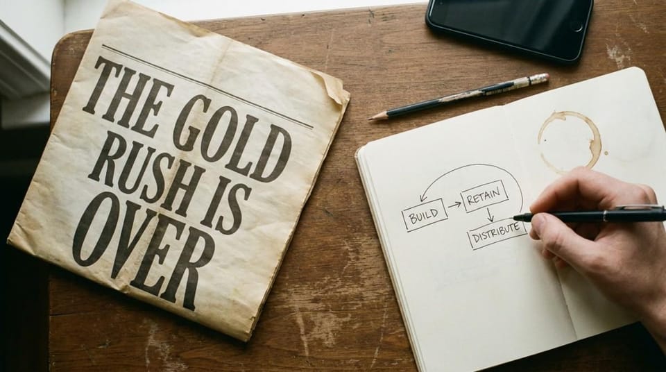 A newspaper headline reading “The Gold Rush Is Over” sits beside a notebook showing a business growth framework with build, retain, and distribute stages, symbolizing sustainable strategy.