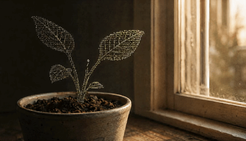 Digital wireframe plant growing in a pot beside a sunlit window, symbolizing the growth of relationship wellness and AI.
